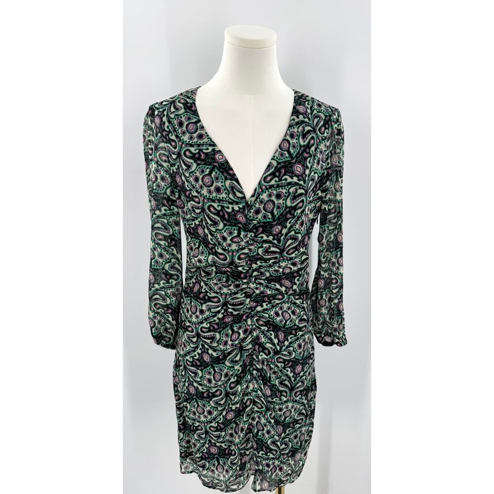 BA&SH Fanny Green Paisley Floral Mini Dress Smocked Ruched Long Sleeve M